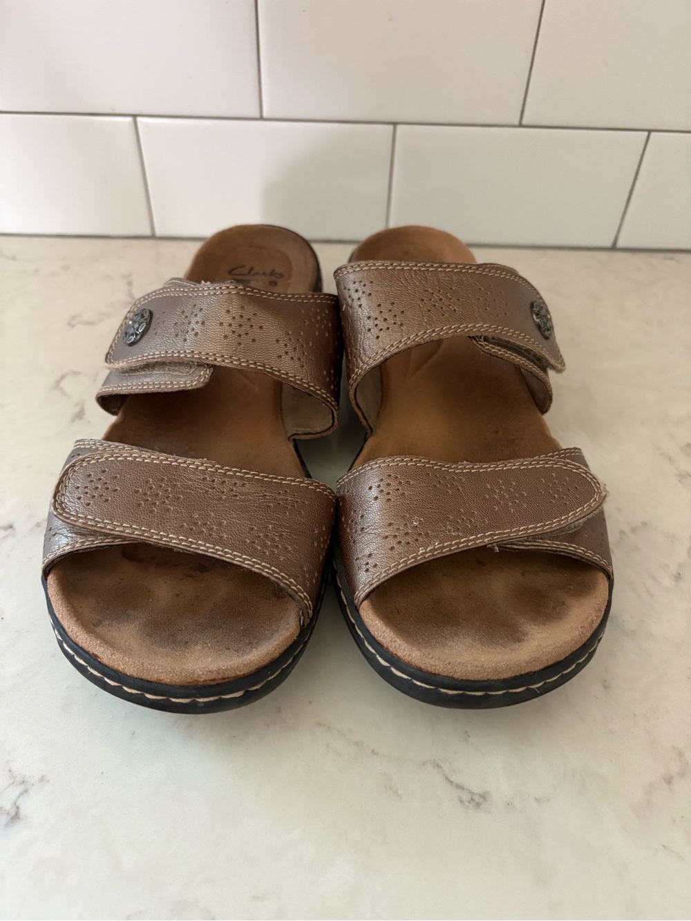 Clarks Collection Soft Cushion Women’s Slide Sandals, 11 Metallic Taupe Comfort